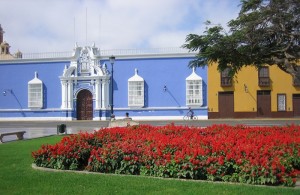 red flower bed with blue building behind, Trujillo Peru