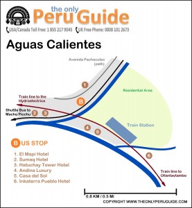Map: Location of bus stop in Aguas Calientes