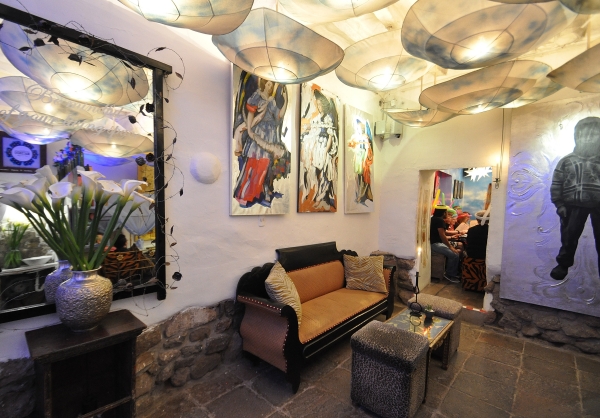 Eclectic decor at The Fallen Angel Restaurant in Cusco, Peru