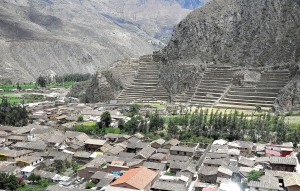 Panoramic view of the Inca terraces fortress and temple at Ollantaytambo in the Sacred Valley, Peru