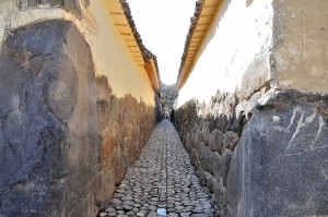 Cobbled streets and Inca walls in Ollataytambo in the Sacrd Valley Peru