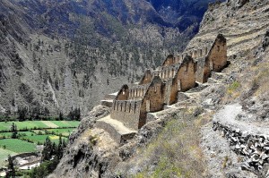 The Inca granaries at Ollantaytambo in the Sacred Valley, Peru