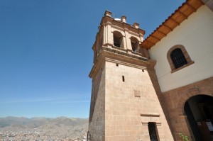The bell tower at San Cristobal church in Cusco, Peru