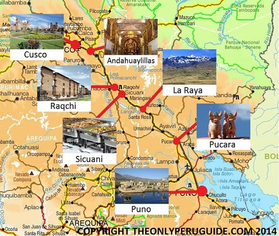 Map of tourist bus from Cusco to Puno